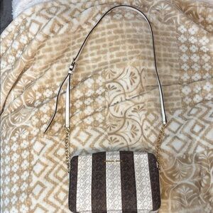 Michael Kors Brown and Cream Striped Logo Crossbody with Gold Chain
